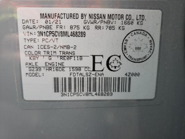 3N1CP5CV8ML468289 - 2021 NISSAN KICKS SV GRAY photo 12