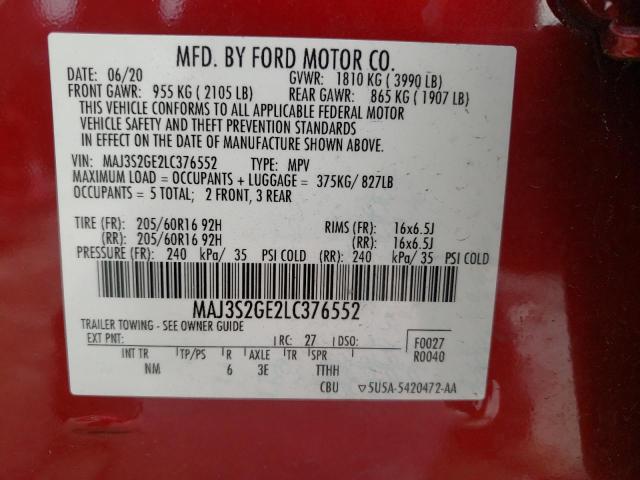 MAJ3S2GE2LC376552 - 2020 FORD ECOSPORT S RED photo 13