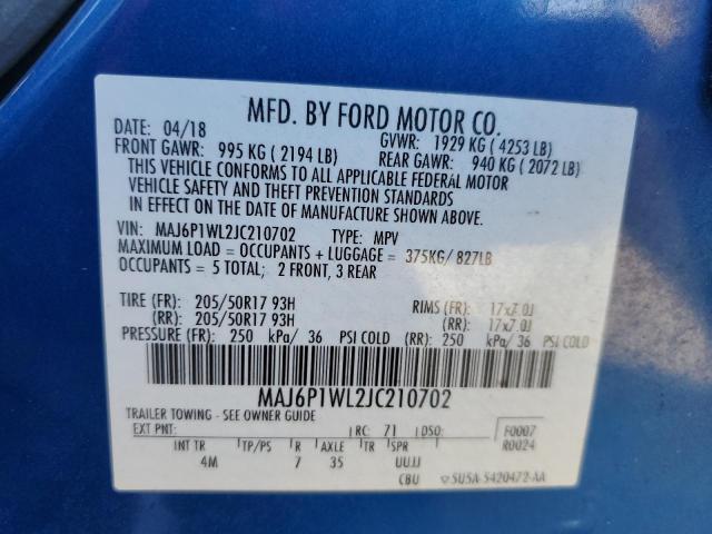 MAJ6P1WL2JC210702 - 2018 FORD ECOSPORT T BLUE photo 13