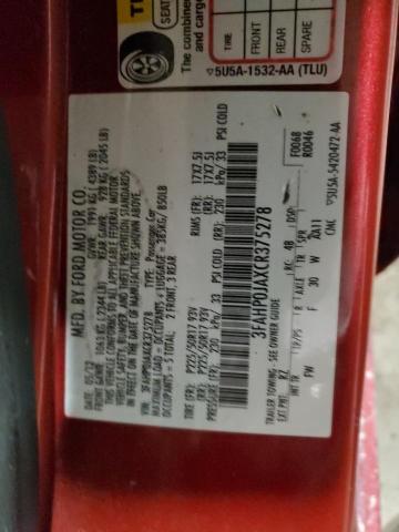 3FAHP0JAXCR375278 - 2012 FORD FUSION SEL BURGUNDY photo 12