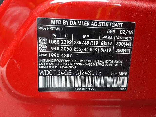 WDCTG4GB1GJ243015 - 2016 MERCEDES-BENZ GLA 250 4M RED photo 13