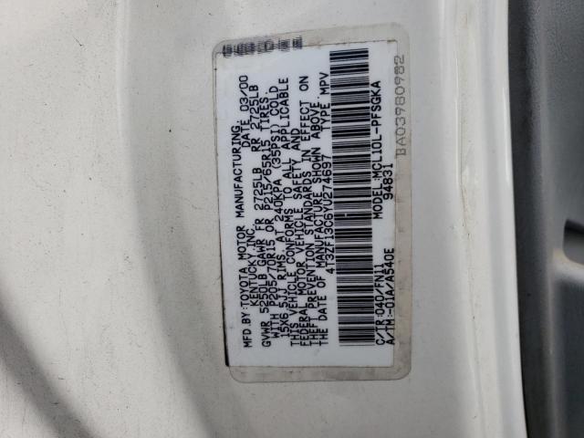 4T3ZF13C6YU274697 - 2000 TOYOTA SIENNA LE WHITE photo 13