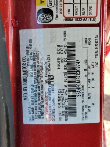 3FAHP0JA8CR309747 - 2012 FORD FUSION SEL RED photo 12