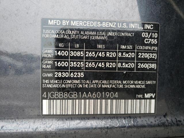 4JGBB8GB1AA601904 - 2010 MERCEDES-BENZ ML 350 4MA GRAY photo 13