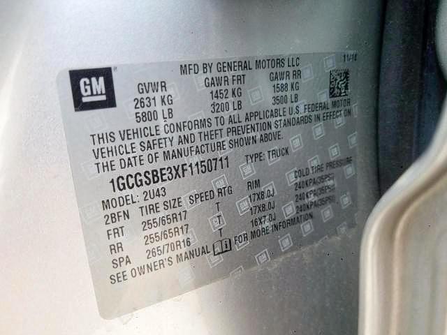 1GCGSBE3XF1150711 - 2015 CHEVROLET COLORADO L SILVER photo 10