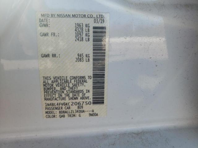 1N4BL4FV6KC206750 - 2019 NISSAN ALTIMA PLA WHITE photo 12