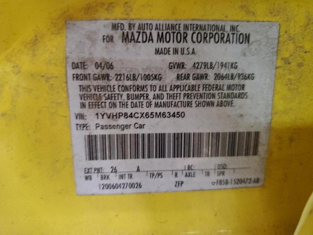 1YVHP84CX65M63450 - 2006 MAZDA 6 I YELLOW photo 12