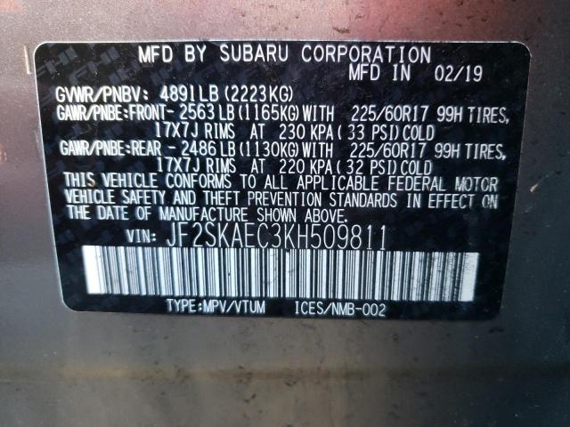 JF2SKAEC3KH509811 - 2019 SUBARU FORESTER P GRAY photo 13