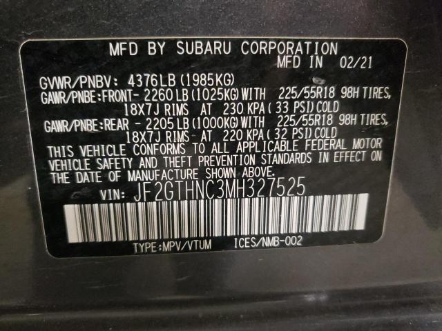 JF2GTHNC3MH327525 - 2021 SUBARU CROSSTREK GRAY photo 12