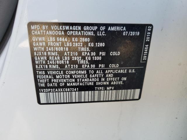 1V2DP2CAXKC587241 - 2019 VOLKSWAGEN ATLAS SE WHITE photo 12