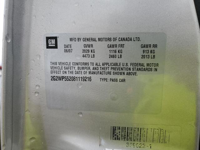2G2WP552081119216 - 2008 PONTIAC GRAND PRIX ვერცხლისფერი ფოტო 12