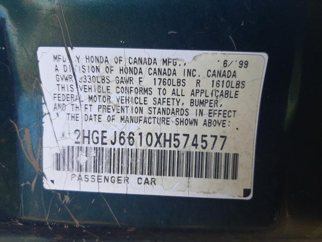 2HGEJ6610XH574577 - 1999 HONDA CIVIC BASE GREEN photo 10