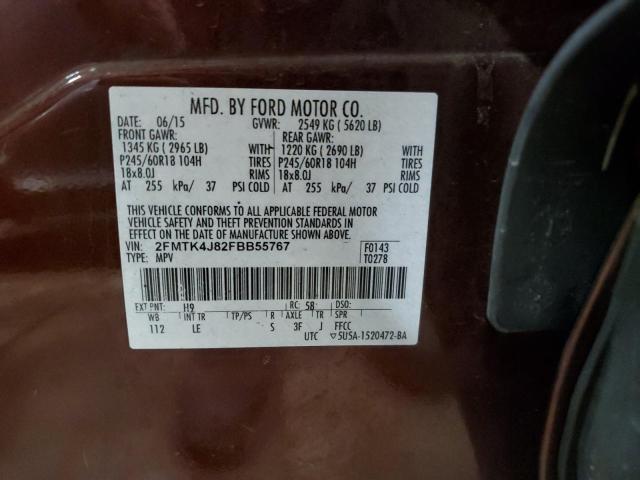 2FMTK4J82FBB55767 - 2015 FORD EDGE SEL MAROON photo 13