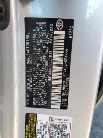 4T1BE46K67U531616 - 2007 TOYOTA CAMRY SILVER photo 13