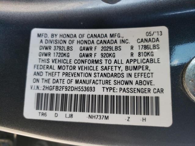 2HGFB2F92DH553693 - 2013 HONDA CIVIC EXL Boz foto 12