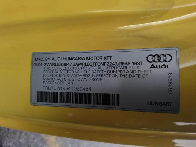 TRUTC28N641020484 - 2004 AUDI TT YELLOW photo 10