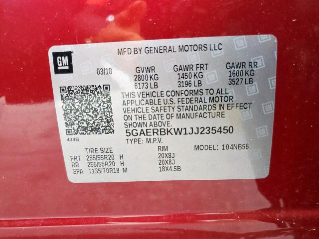 5GAERBKW1JJ235450 - 2018 BUICK ENCLAVE ES 红色 照片 10
