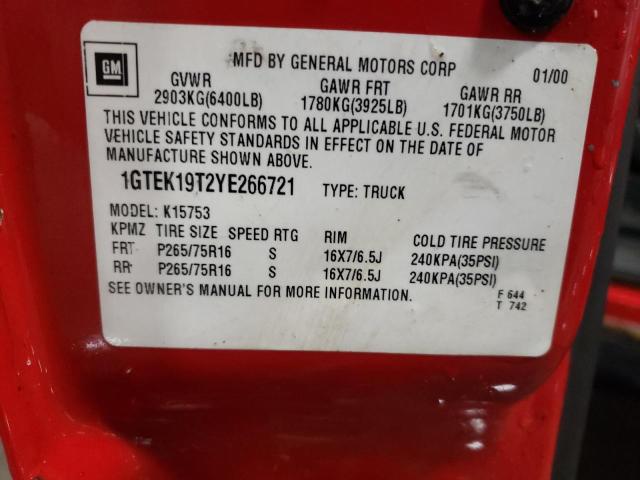 1GTEK19T2YE266721 - 2000 CHEVROLET 1500 SILVE RED photo 12