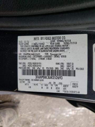 3FAHP0KCXAR352693 - 2010 FORD FUSION SPO BLACK photo 10