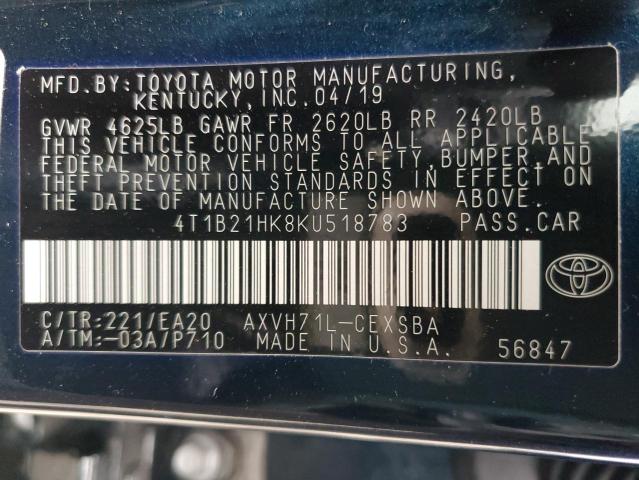 4T1B21HK8KU518783 - 2019 TOYOTA CAMRY HYBR GREEN photo 12