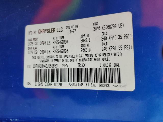 1D7HA18N48J151893 - 2008 DODGE RAM 1500 S BLUE photo 12