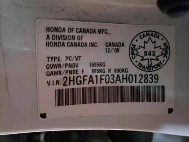 2HGFA1F03AH012839 - 2010 HONDA CIVIC EXL 白色 照片 12