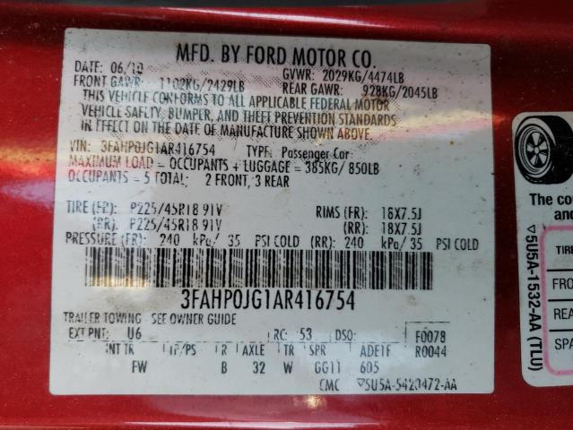 3FAHP0JG1AR416754 - 2010 FORD FUSION SEL RED photo 12