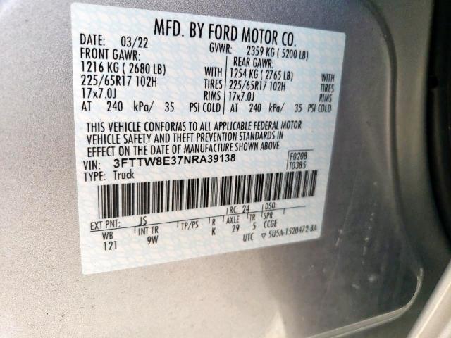 3FTTW8E37NRA39138 - 2022 FORD MAVERICK X SILVER photo 10