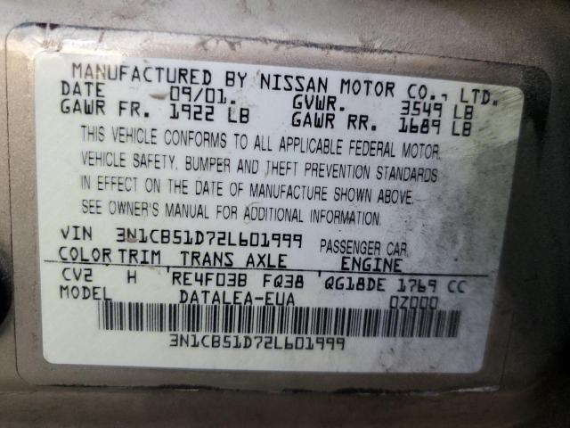 3N1CB51D72L601999 - 2002 NISSAN SENTRA BEIGE photo 12