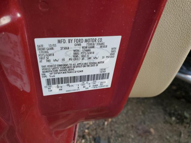 1FTPW14576KC21245 - 2006 FORD F 150 RED photo 12