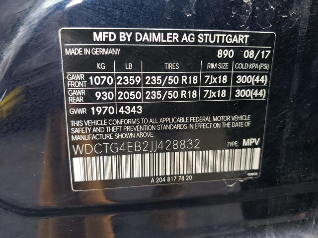 WDCTG4EB2JJ428832 - 2018 MERCEDES-BENZ GLA 250 BLUE photo 12