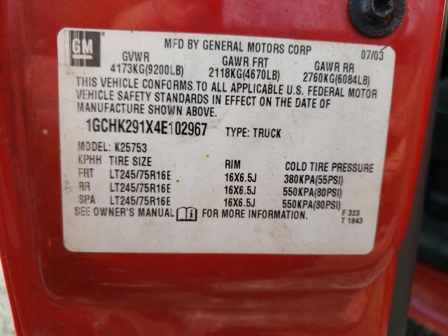 1GCHK291X4E102967 - 2004 CHEVROLET SILVERADO RED photo 12