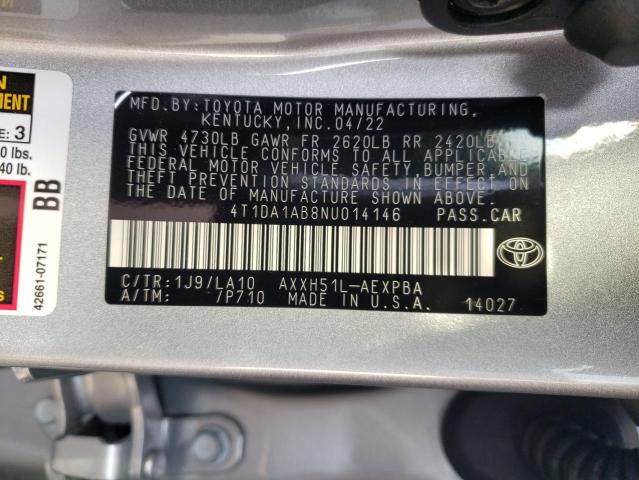 4T1DA1AB8NU014146 - 2022 TOYOTA AVALON LIM SILVER photo 12