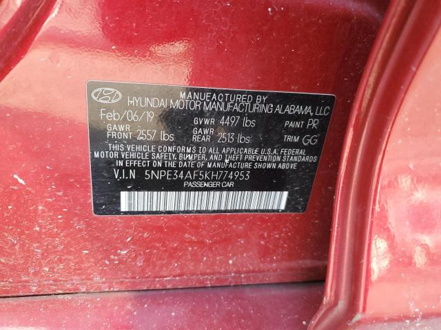 5NPE34AF5KH774953 - 2019 HYUNDAI SONATA LIM RED photo 12