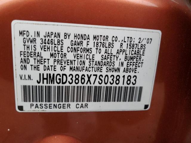 JHMGD386X7S038183 - 2007 HONDA FIT S Narıncı foto 12