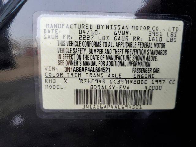 3N1AB6AP4AL694521 - 2010 NISSAN SENTRA BLACK photo 12