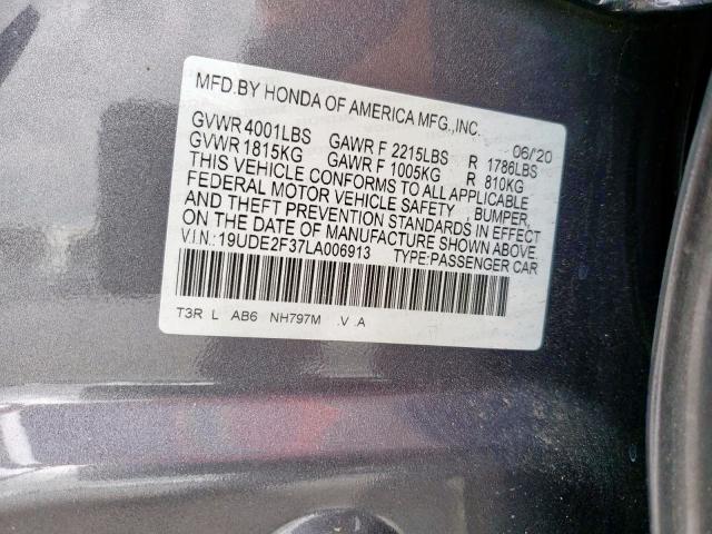 19UDE2F37LA006913 - 2020 ACURA ILX ნაცრისფერი ფოტო 10