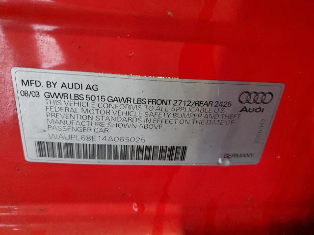 WAUPL68E14A065025 - 2004 AUDI S4 RED photo 12