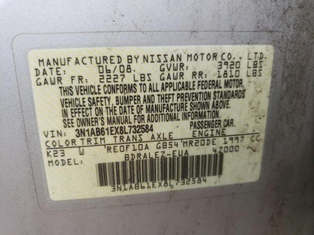 3N1AB61EX8L732584 - 2008 NISSAN SENTRA 2.0 SILVER photo 10