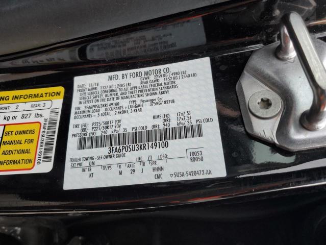 3FA6P0SU3KR149100 - 2019 FORD FUSION TIT BLACK photo 12