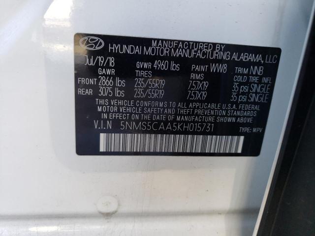 5NMS5CAA5KH015731 - 2019 HYUNDAI SANTA FE L WHITE photo 12