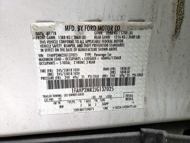 1FAHP2MK2JG137025 - 2018 FORD TAURUS POL WHITE photo 10