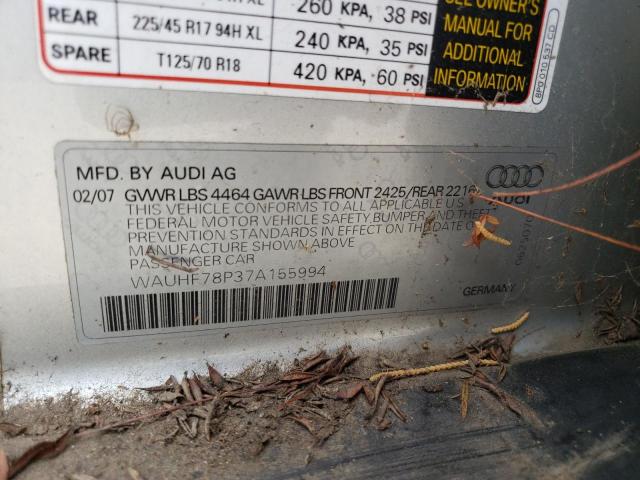 WAUHF78P37A155994 - 2007 AUDI A3 2 SILVER photo 12