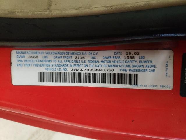 3VWCK21C63M421750 - 2003 VOLKSWAGEN NEW BEETLE 红色 照片 12