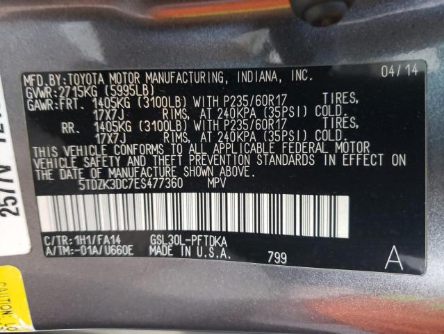 5TDZK3DC7ES477360 - 2014 TOYOTA SIENNA GRAY photo 14