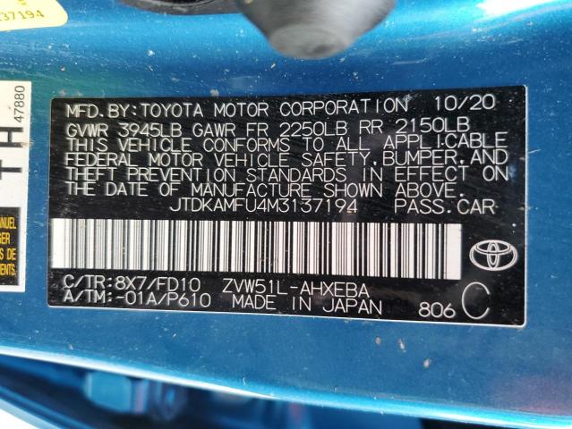 JTDKAMFU4M3137194 - 2021 TOYOTA PRIUS SPEC BLUE photo 13