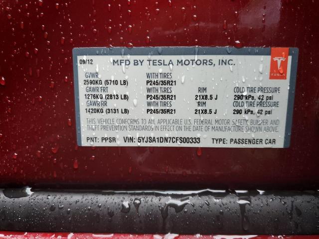 5YJSA1DN7CFS00333 - 2012 TESLA MODEL S Burdeos foto 12