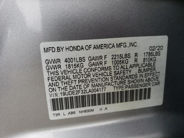 19UDE2F32LA004177 - 2020 ACURA ILX Argent photo 12