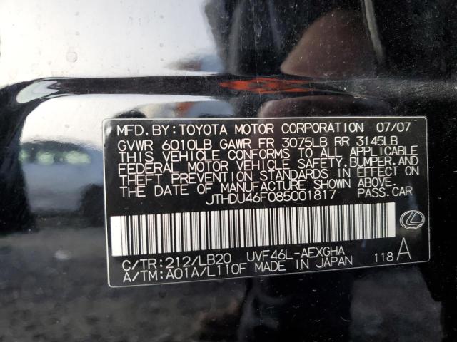 JTHDU46F085001817 - 2008 LEXUS LS 600HL BLACK photo 12