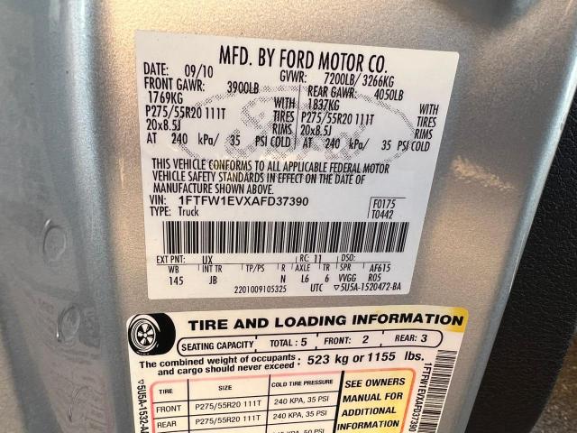 1FTFW1EVXAFD37390 - 2010 FORD F150 SUPER SILVER photo 10